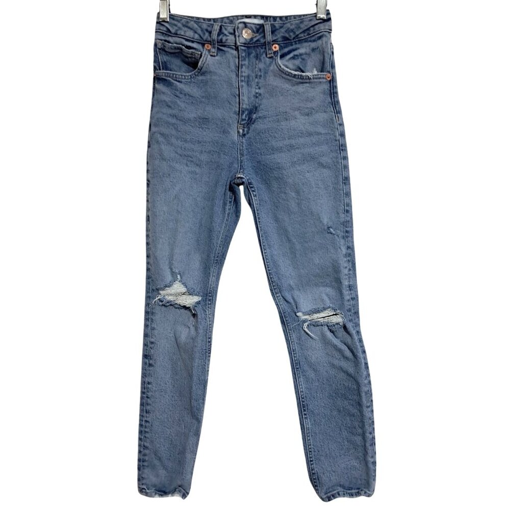 Zara Womens Distressed High Rise Slim Fit Ripped Knee DistressedJeans Sz 0 Grung